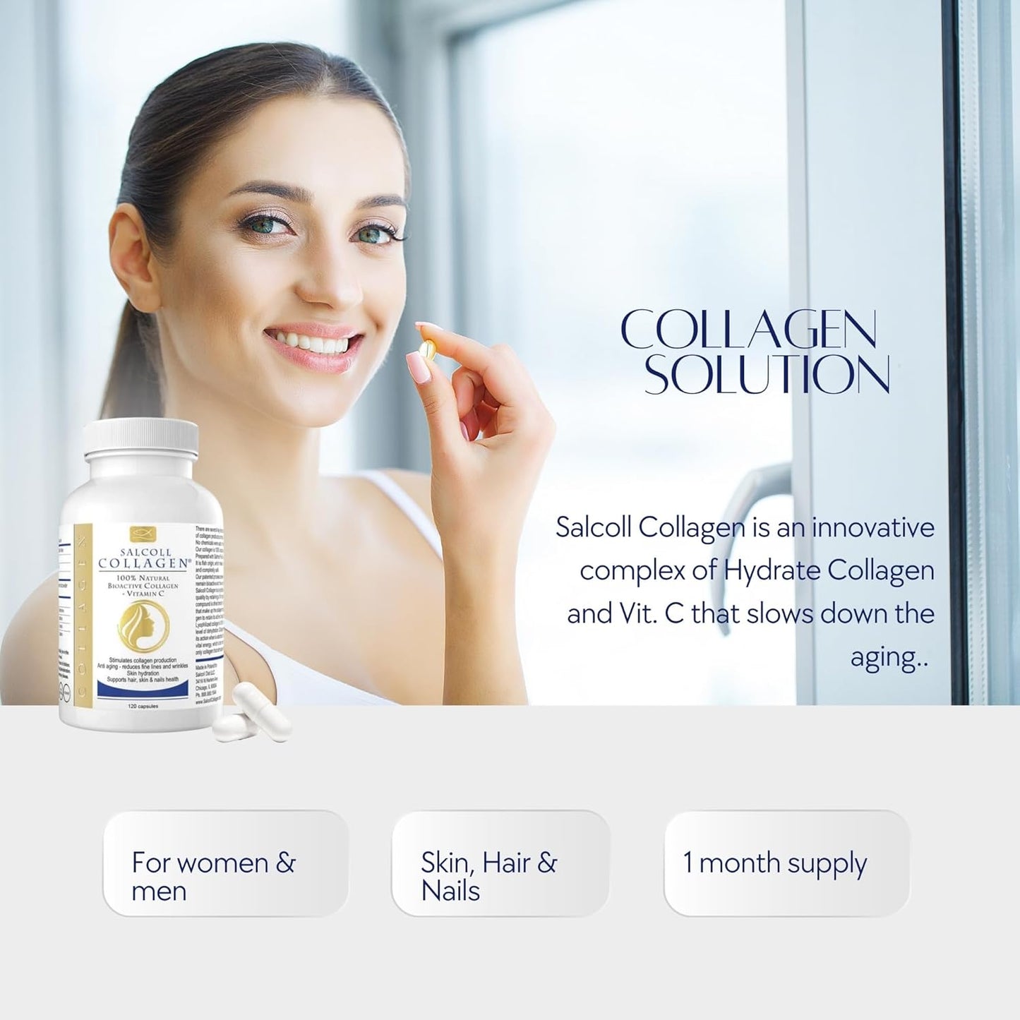 Bioactive Marine Collagen Capsules for Skin, Hair, Nails. Anti-Aging Supplement for Women & Men - 120 Capsules, One Month Supply