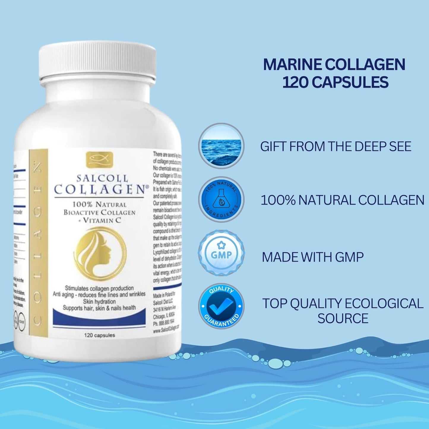 Bioactive Marine Collagen Capsules for Skin, Hair, Nails. Anti-Aging Supplement for Women & Men - 120 Capsules, One Month Supply
