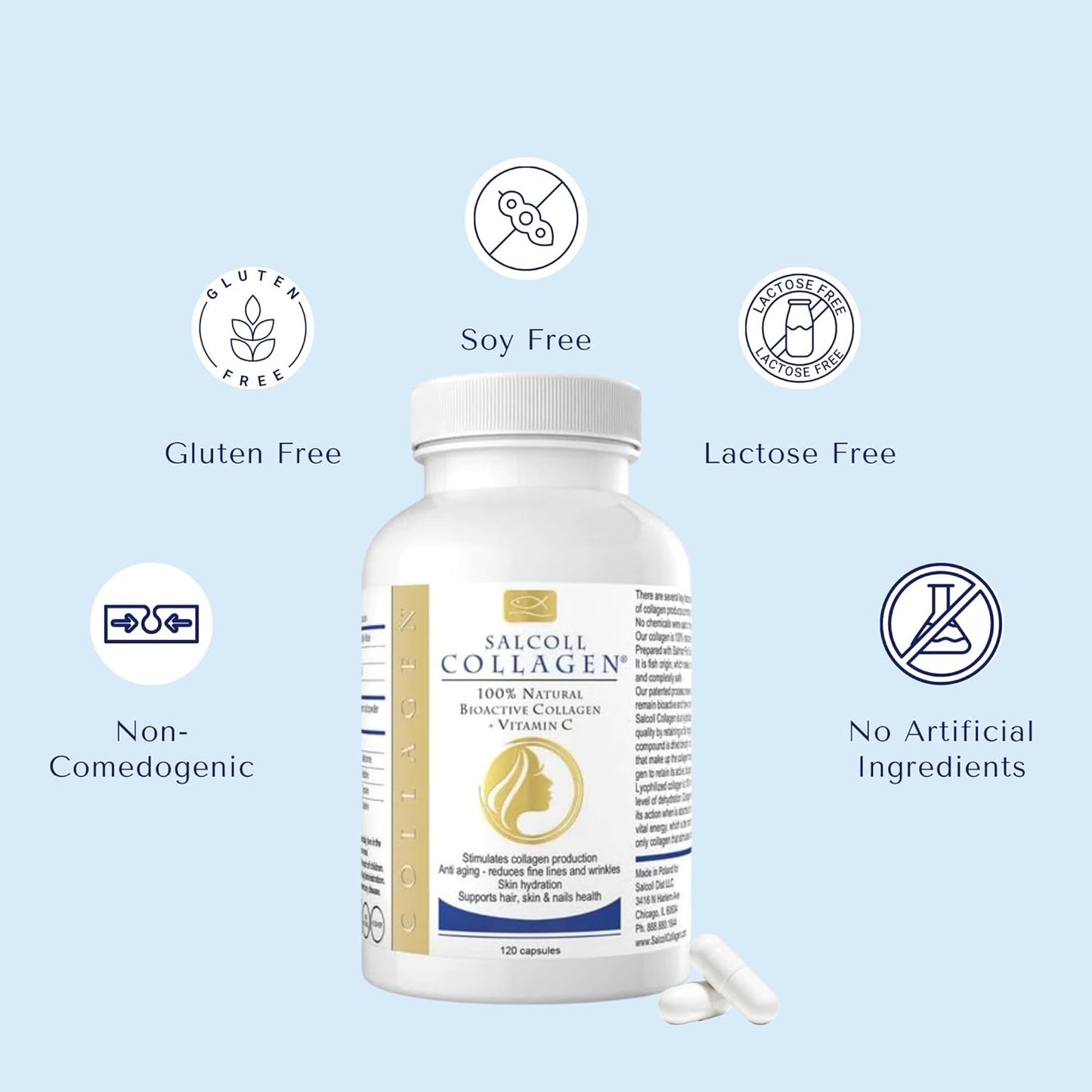 Bioactive Marine Collagen Capsules for Skin, Hair, Nails. Anti-Aging Supplement for Women & Men - 120 Capsules, One Month Supply