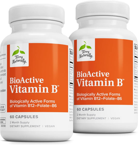 BioActive Vitamin B Complex Supplement with Folate & Calcium - Supports Heart Health and Nervous System Function - 60 Capsules (Pack of 2) by Terry Naturally