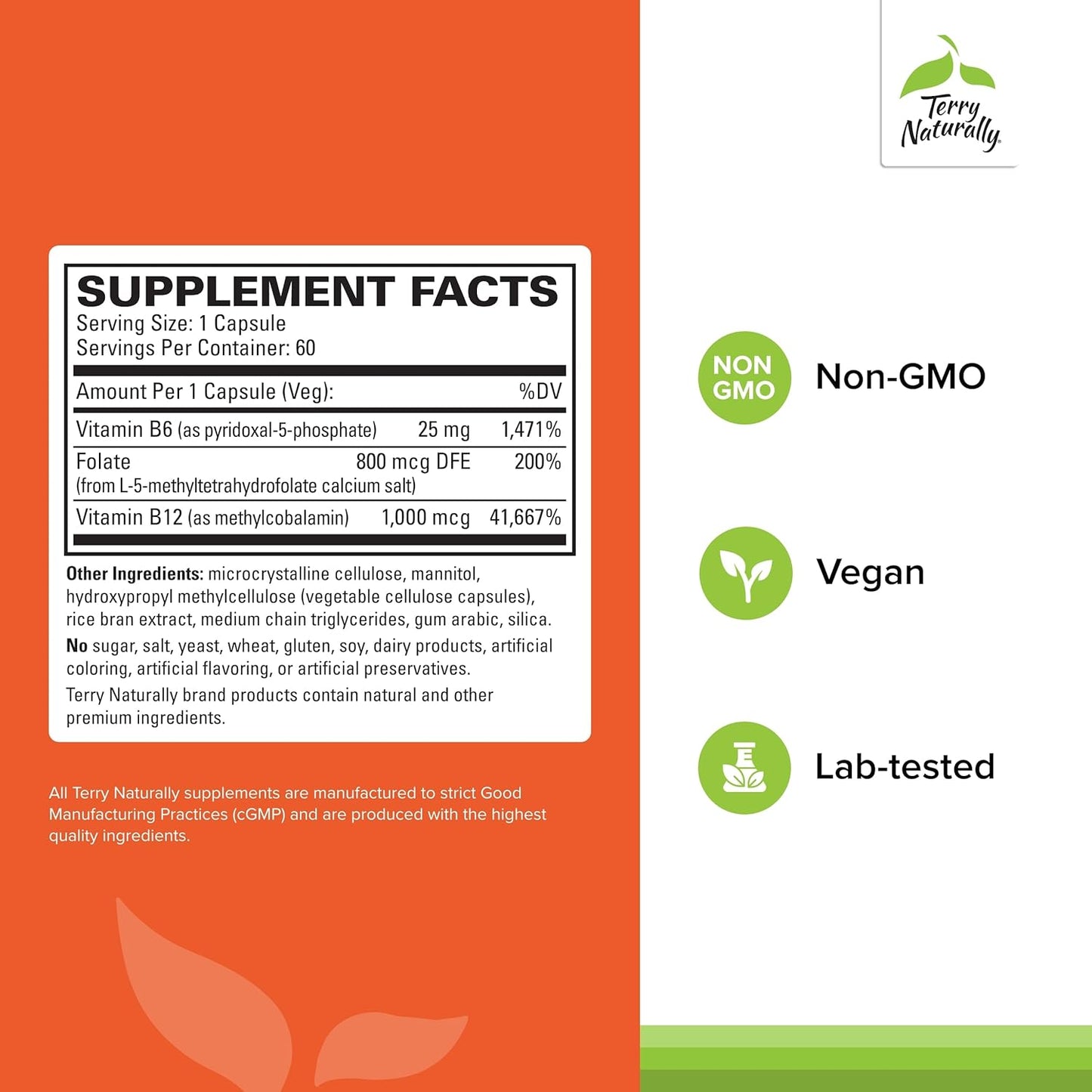 BioActive Vitamin B Complex Supplement with Folate & Calcium - Supports Heart Health and Nervous System Function - 60 Capsules (Pack of 2) by Terry Naturally