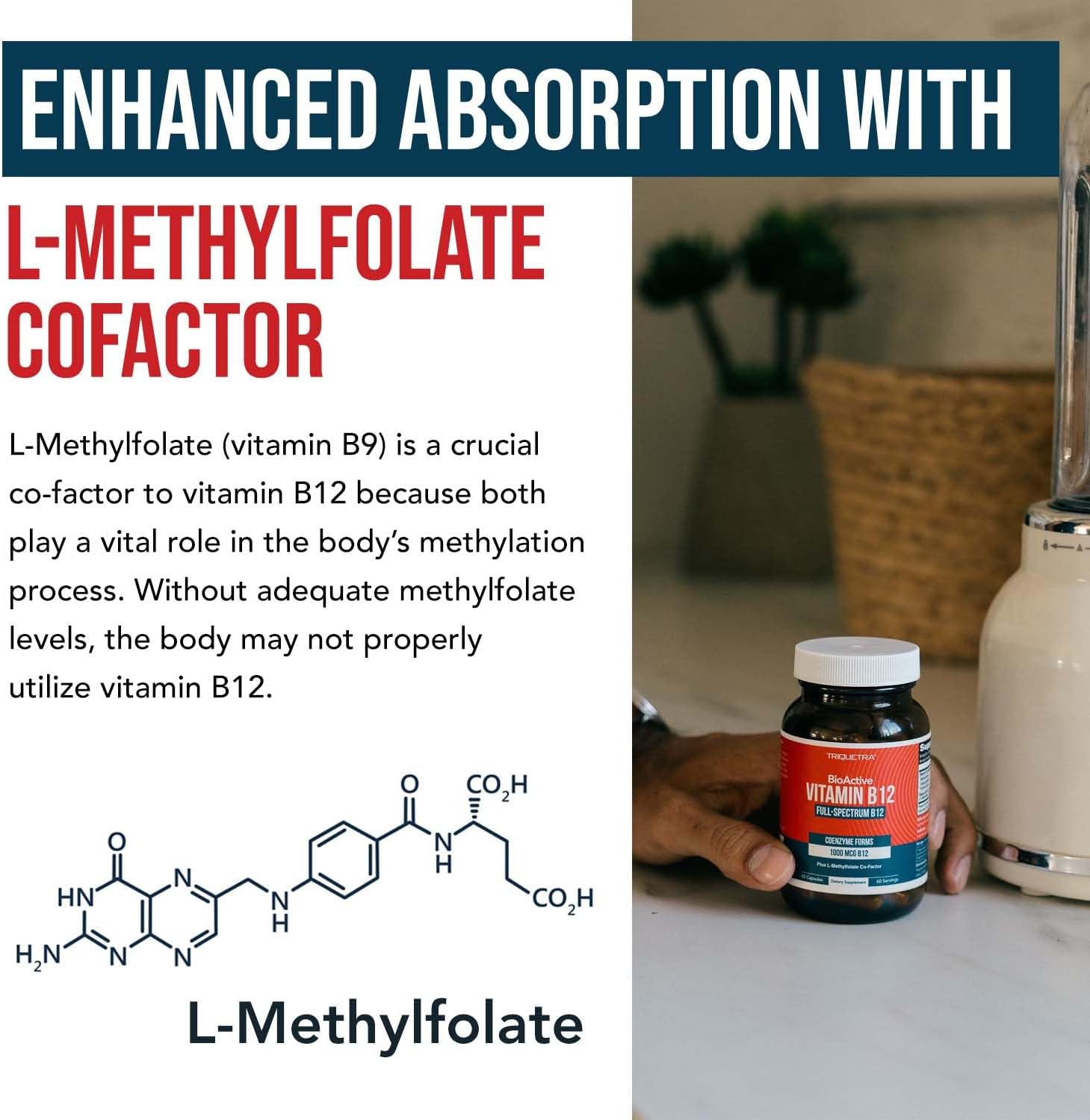 BioActive Vitamin B12 1000mcg with Methylfolate | Supports Energy, Mood & B12 Levels | Vegan & Non-GMO | 60 Servings