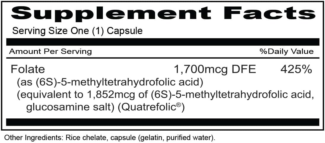 Bioavailable 5-MTHF 1mg Folate Supplement for Methylation Support - 120 Vegetarian Capsules