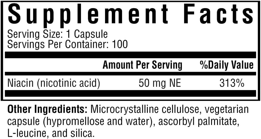 Bioavailable Niacin Supplement for Energy & Skin Health - 50mg, 100 Capsules