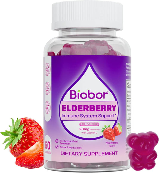 Biobor Elderberry Gummies with Vitamin C for Immune Support - Gluten Free Vegan Supplement for Adults and Kids (Strawberry, 60 Count) - BoostGo Australia