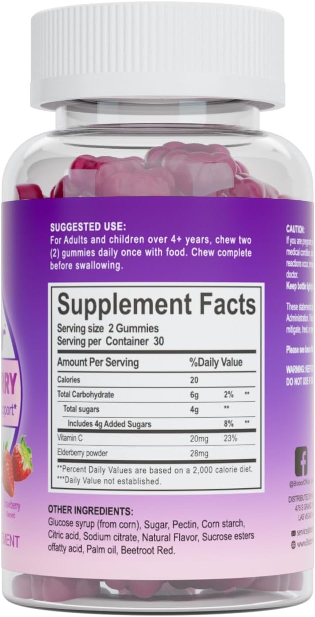 Biobor Elderberry Gummies with Vitamin C for Immune Support - Gluten Free Vegan Supplement for Adults and Kids (Strawberry, 60 Count) - BoostGo Australia