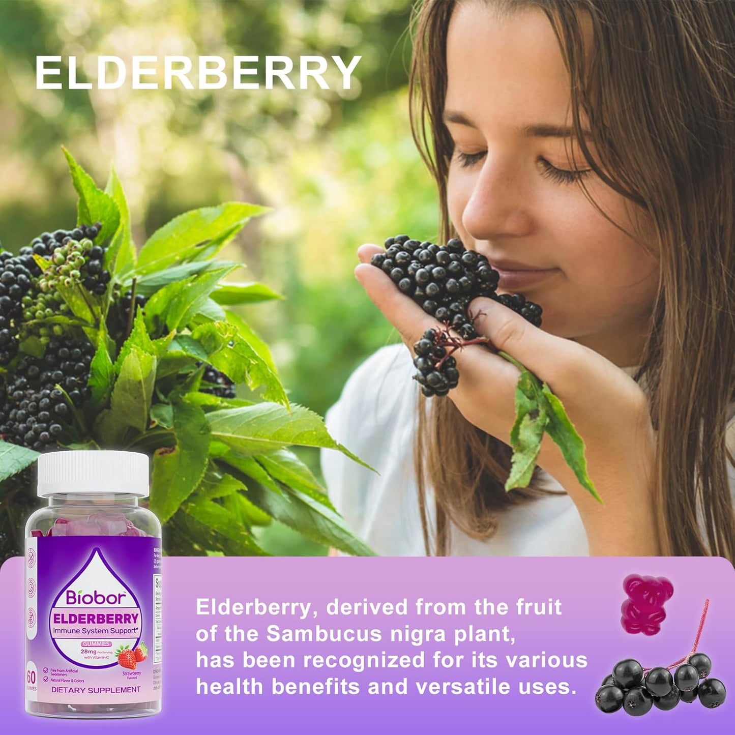 Biobor Elderberry Gummies with Vitamin C for Immune Support - Gluten Free Vegan Supplement for Adults and Kids (Strawberry, 60 Count) - BoostGo Australia