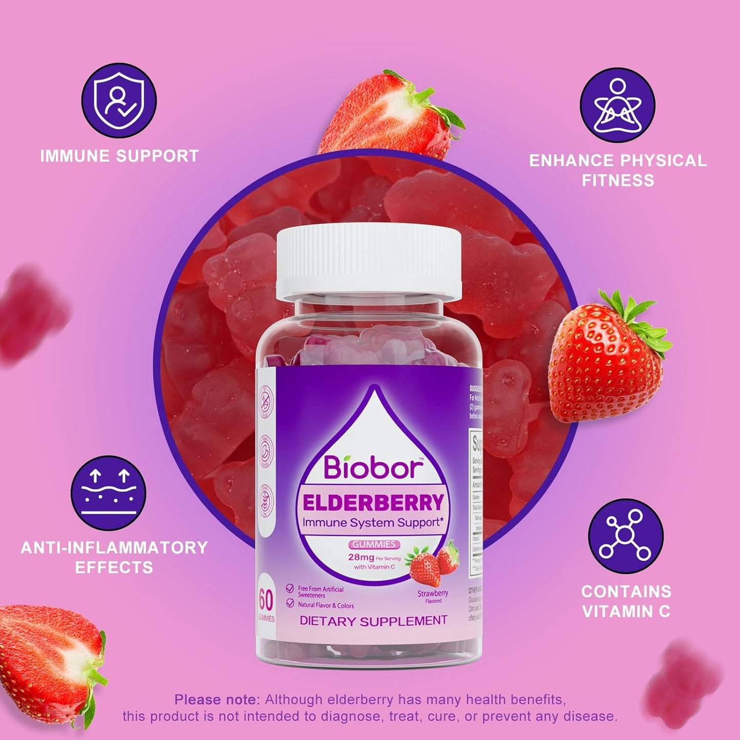 Biobor Elderberry Gummies with Vitamin C for Immune Support - Gluten Free Vegan Supplement for Adults and Kids (Strawberry, 60 Count) - BoostGo Australia