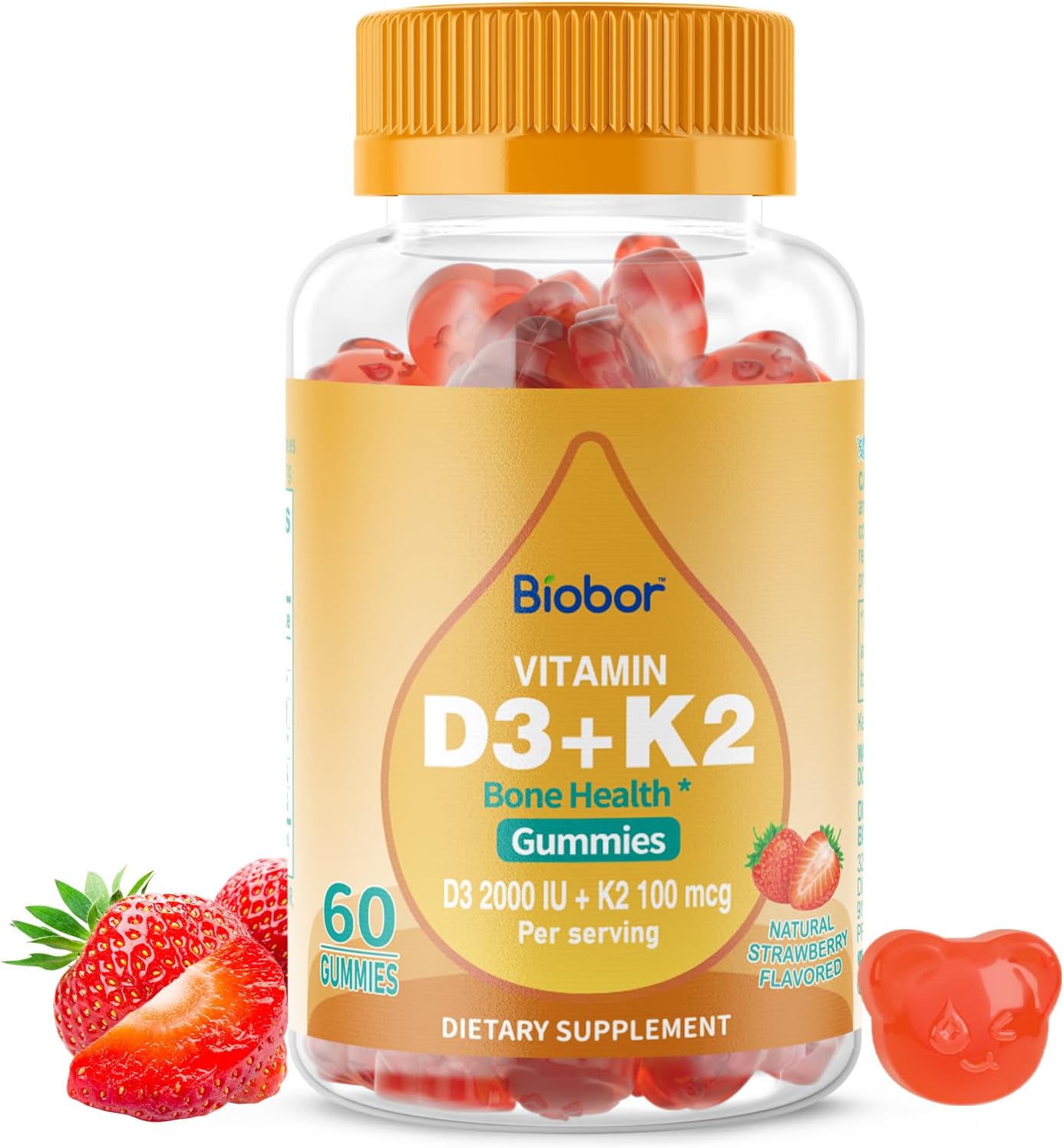 Biobor Natural Vitamin D3 K2 Gummies - 2000 IU D3 & 100 mcg K2, Bone & Immune Health Support - GMO & Gluten Free (Strawberry, 60 Count)