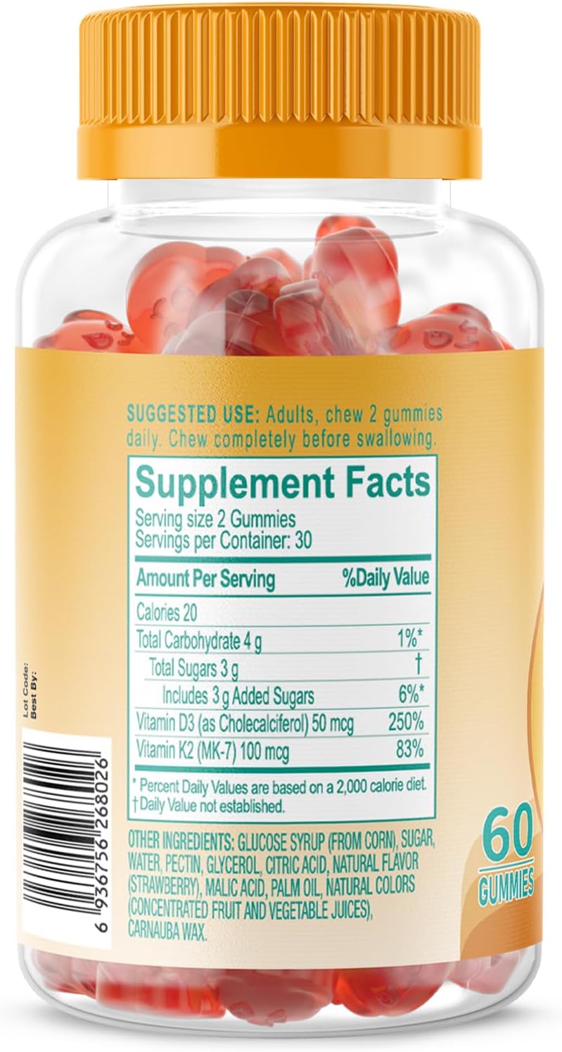 Biobor Natural Vitamin D3 K2 Gummies - 2000 IU D3 & 100 mcg K2, Bone & Immune Health Support - GMO & Gluten Free (Strawberry, 60 Count)