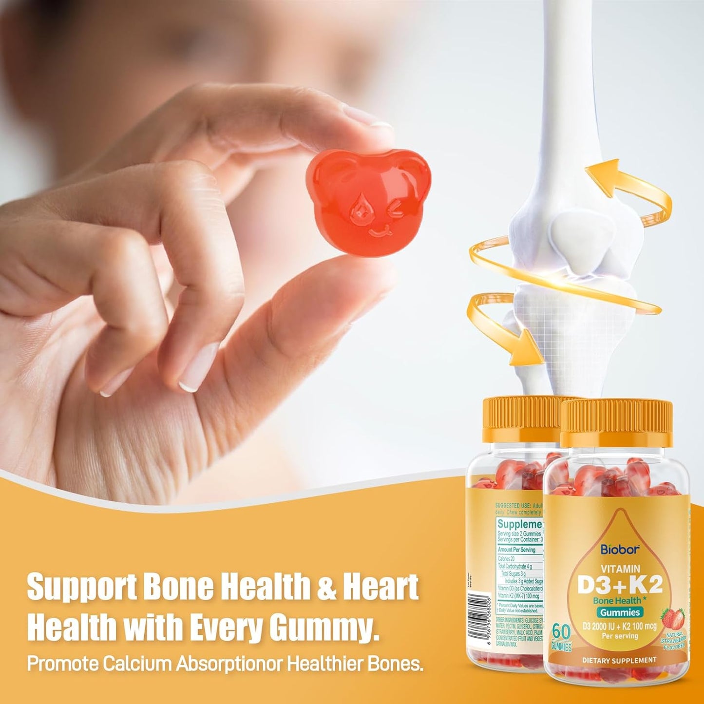 Biobor Natural Vitamin D3 K2 Gummies - 2000 IU D3 & 100 mcg K2, Bone & Immune Health Support - GMO & Gluten Free (Strawberry, 60 Count)