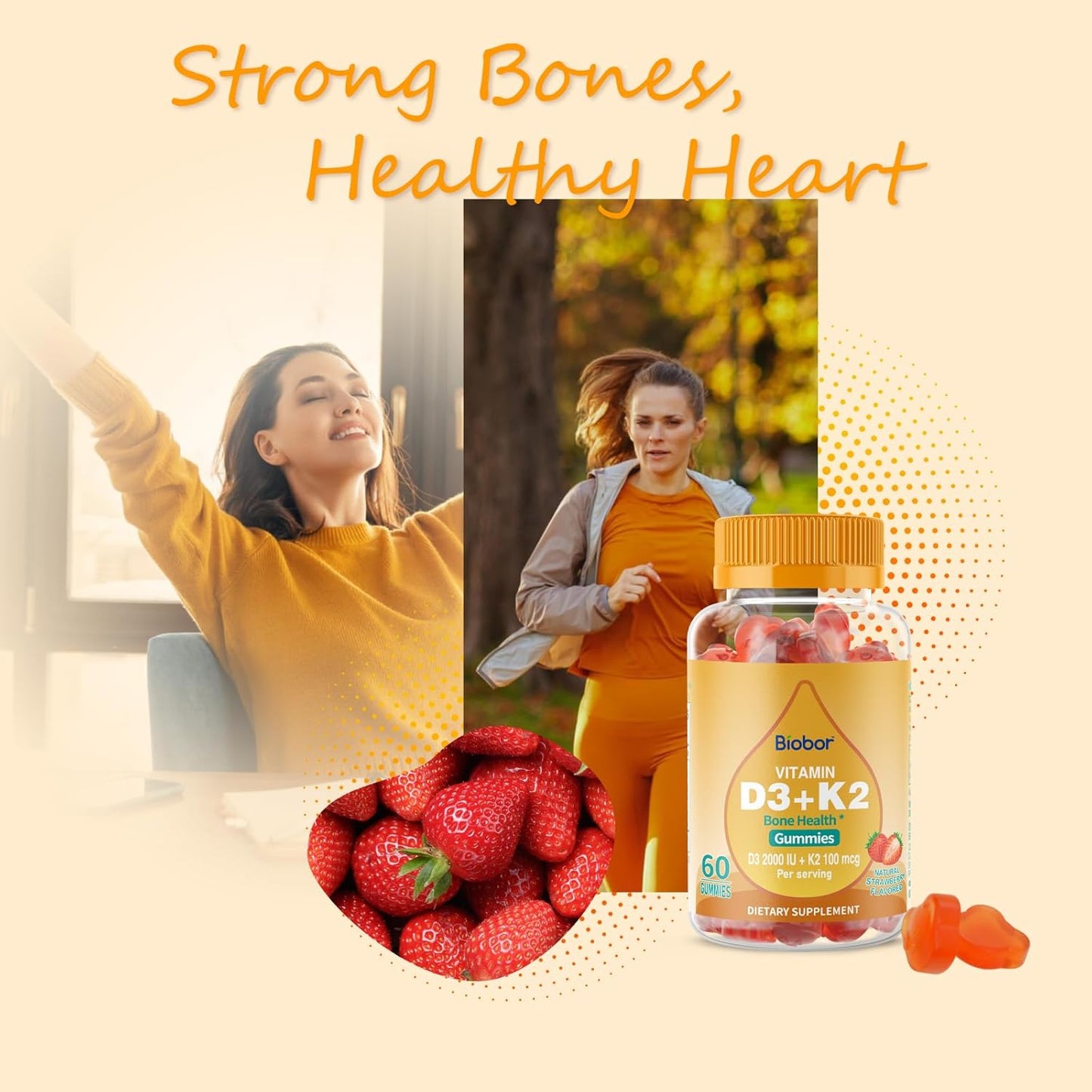 Biobor Natural Vitamin D3 K2 Gummies - 2000 IU D3 & 100 mcg K2, Bone & Immune Health Support - GMO & Gluten Free (Strawberry, 60 Count)
