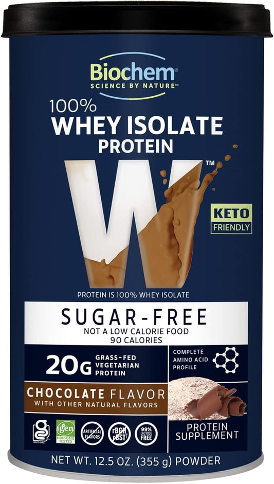 Biochem Sugar-Free Chocolate Whey Protein Powder - 100% Whey, 20g Protein, 12.5oz, Vegetarian, Gluten Free, Non-GMO, Keto Friendly