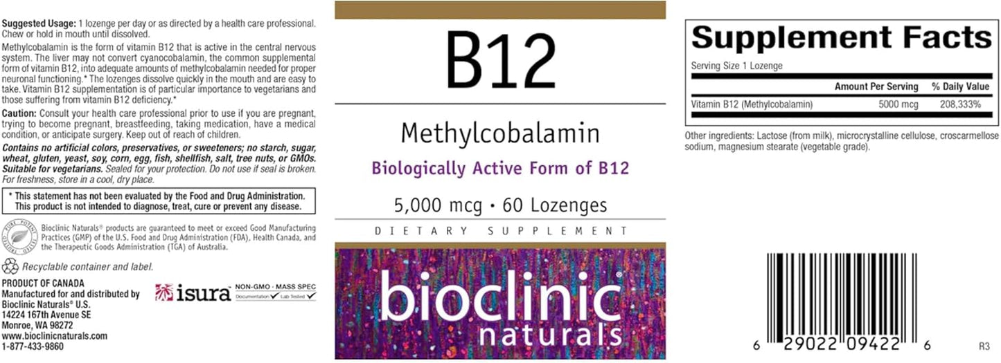 Bioclinic Naturals B12 Methylcobalamin 5000 mcg 60 Lozenges for Optimal Health