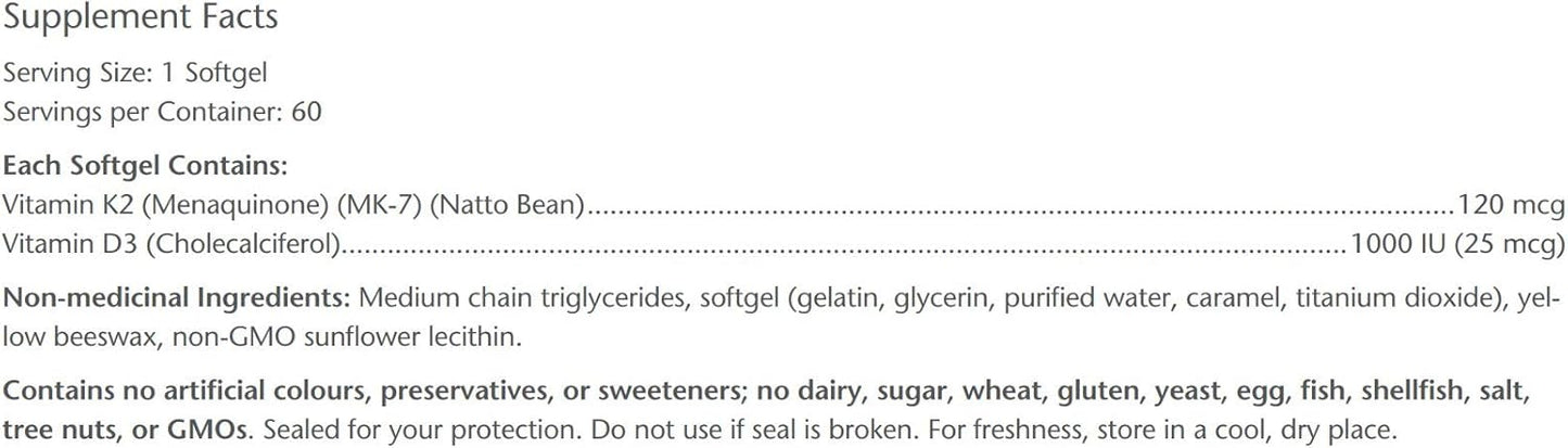 Bioclinic Naturals Vitamin D3 and K2 Softgels - 60 Count - Immune Support Supplement