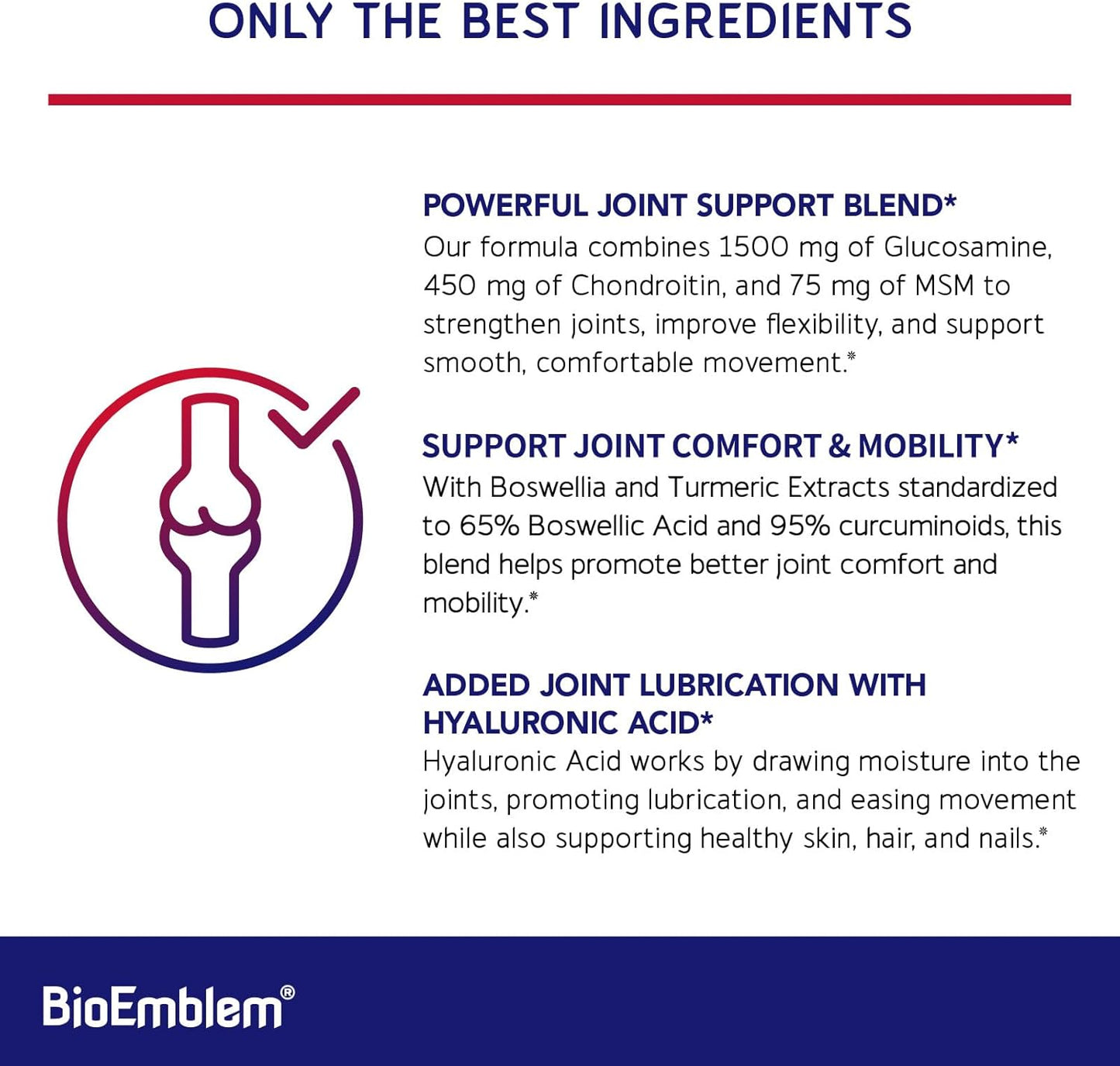 BioEmblem Joint Support Supplement with Glucosamine Chondroitin, MSM, Boswellia, Turmeric, Hyaluronic Acid - 90 Capsules - BoostGo Australia