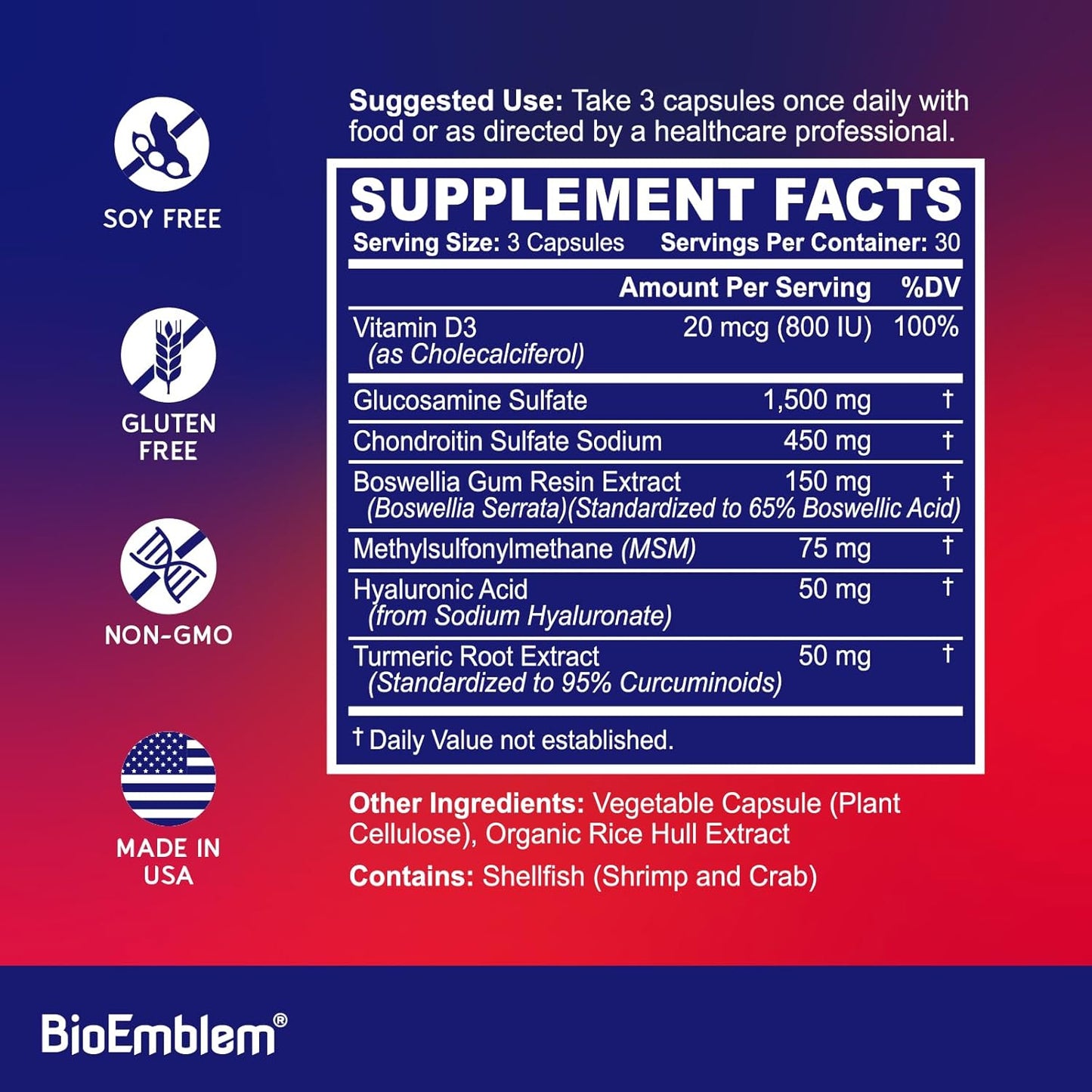 BioEmblem Joint Support Supplement with Glucosamine Chondroitin, MSM, Boswellia, Turmeric, Hyaluronic Acid - 90 Capsules - BoostGo Australia