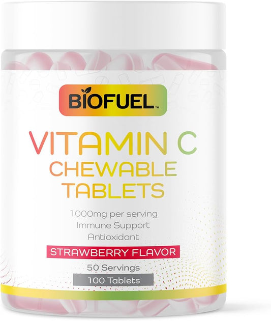 Biofuel Vitamin C Chewable Tablets - 1000mg, 50 Servings, Natural Strawberry Flavor, Immune Support & Antioxidant Boost