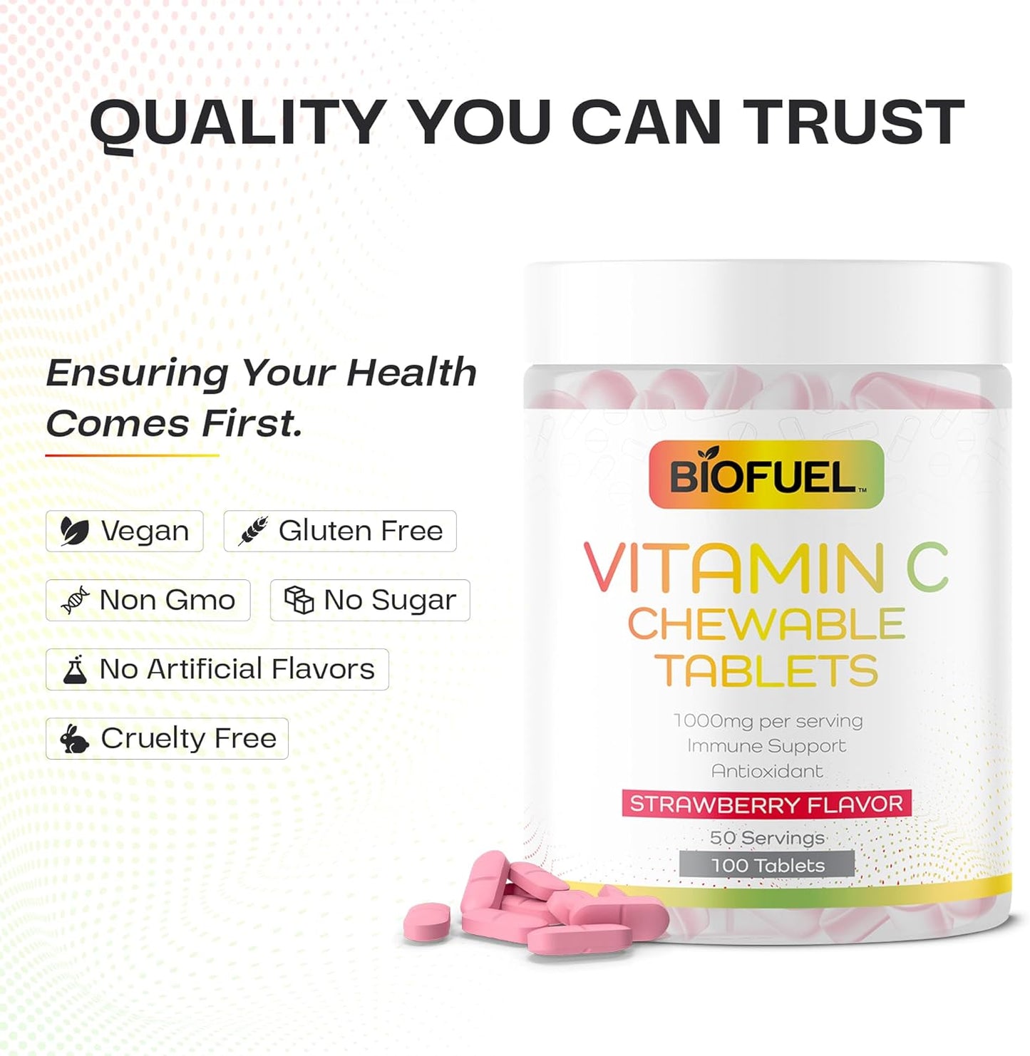 Biofuel Vitamin C Chewable Tablets - 1000mg, 50 Servings, Natural Strawberry Flavor, Immune Support & Antioxidant Boost