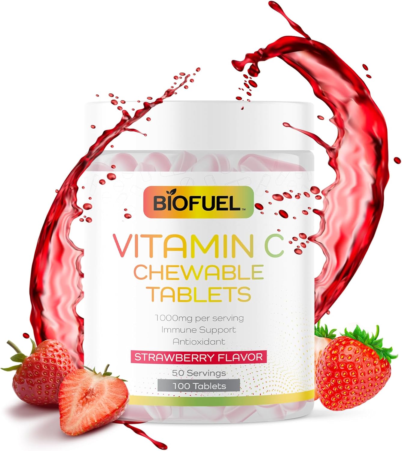 Biofuel Vitamin C Chewable Tablets - 1000mg, 50 Servings, Natural Strawberry Flavor, Immune Support & Antioxidant Boost