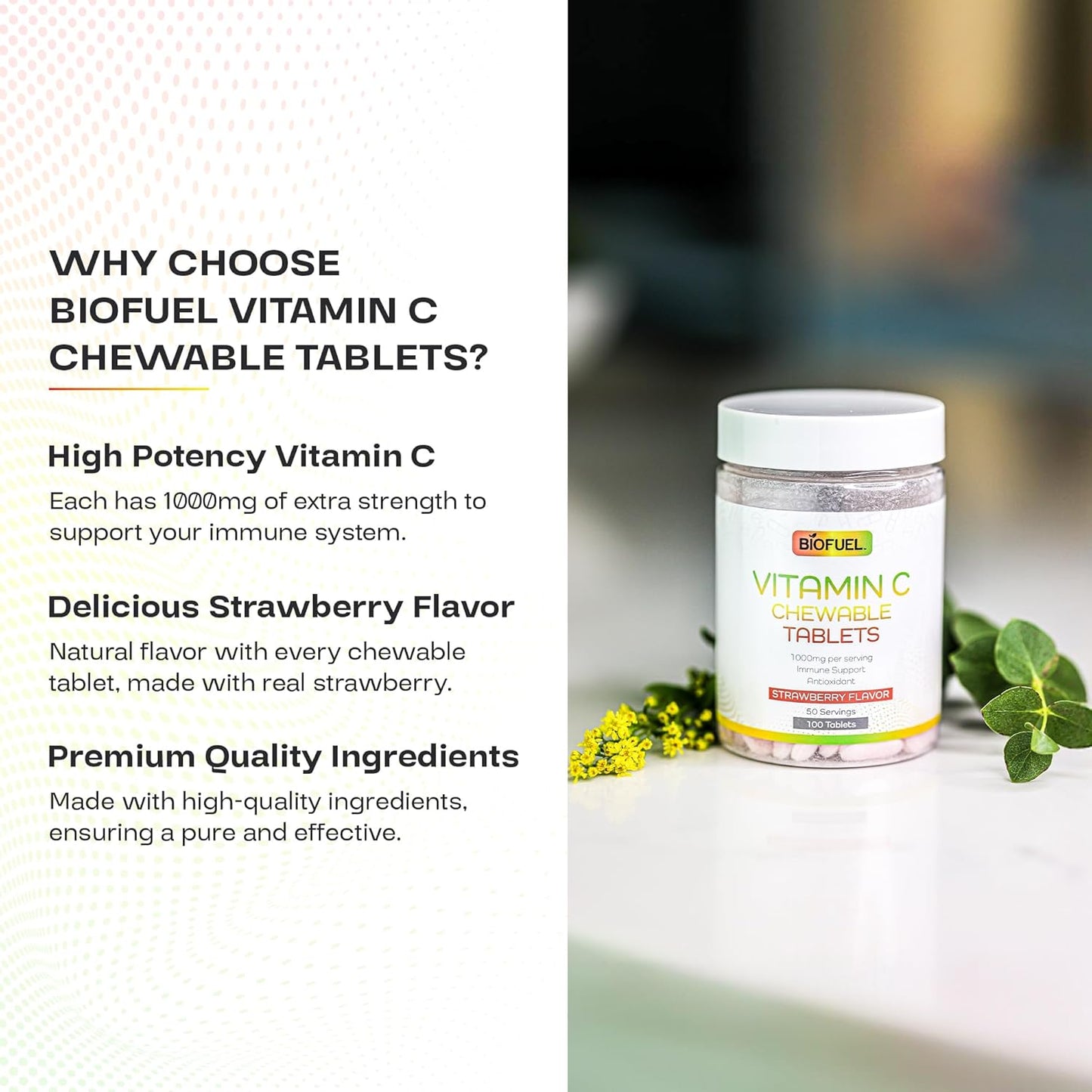 Biofuel Vitamin C Chewable Tablets - 1000mg, 50 Servings, Natural Strawberry Flavor, Immune Support & Antioxidant Boost