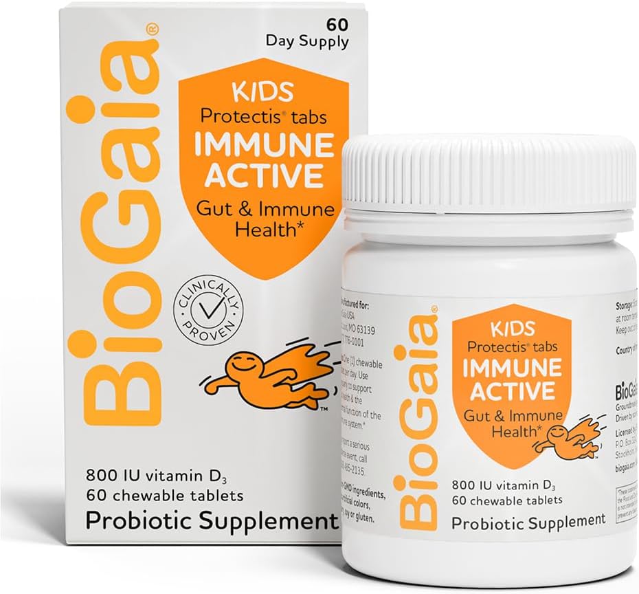 BioGaia Immune Active Kids Probiotic and Vitamin D Supplement, Digestive and Immune Support, Ages 3+, Pediatrician-Recommended, 60 Day Supply, Orange Chewable