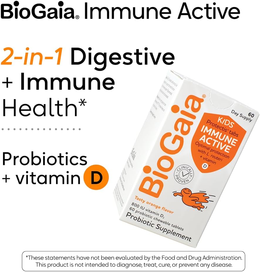 BioGaia Immune Active Kids Probiotic and Vitamin D Supplement, Digestive and Immune Support, Ages 3+, Pediatrician-Recommended, 60 Day Supply, Orange Chewable