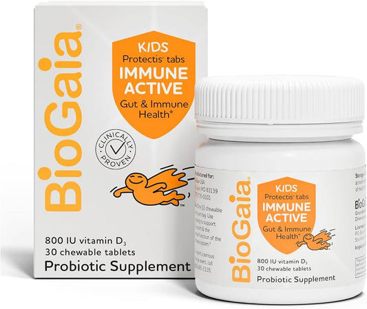 BioGaia Immune Active Kids Probiotic with Vitamin D for Digestive and Immune Health - Ages 3+, Allergen-Free, Pediatrician Trusted - 30 Day Supply, Orange Chewable
