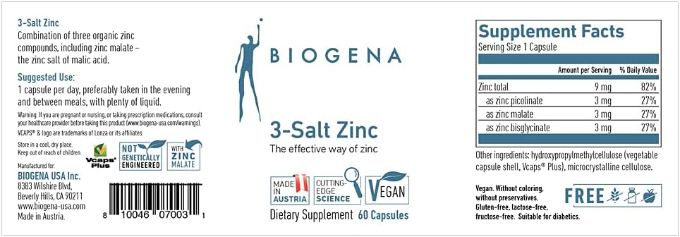Biogena 3-Salt Zinc Capsules - Highly Bioavailable Organic Zinc - 60 Count