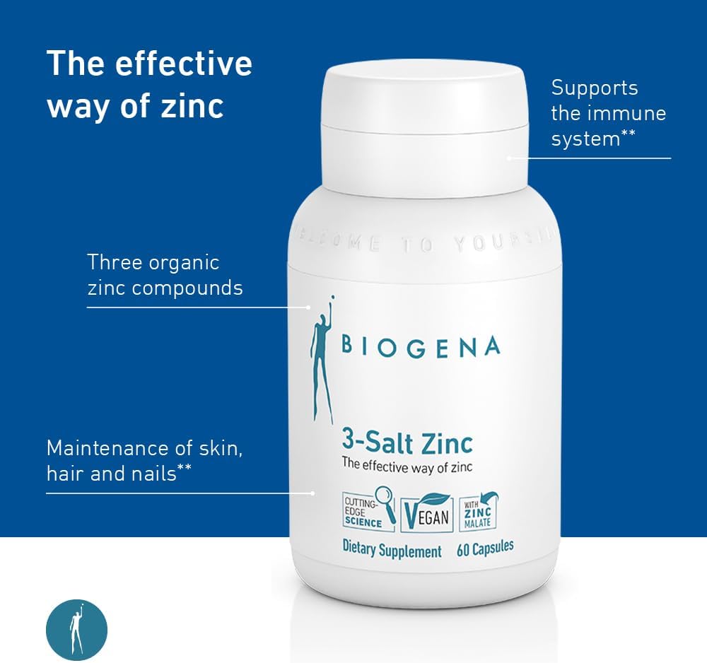 Biogena 3-Salt Zinc Capsules - Highly Bioavailable Organic Zinc - 60 Count