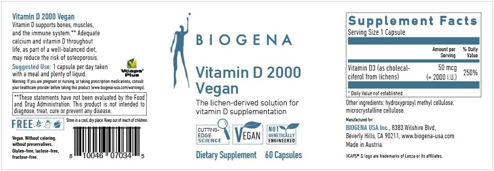 Biogena Vitamin D 2000 Vegan Formula - Supports Calcium Absorption and Immune Health - 60 Capsules