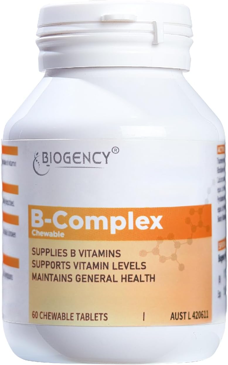 Biogency B-Complex Supplement with B12, B1, B2, B5, B6, B7, Folic Acid - Energy Support, Stress Relief, Immunity Boost - 60 Tablets