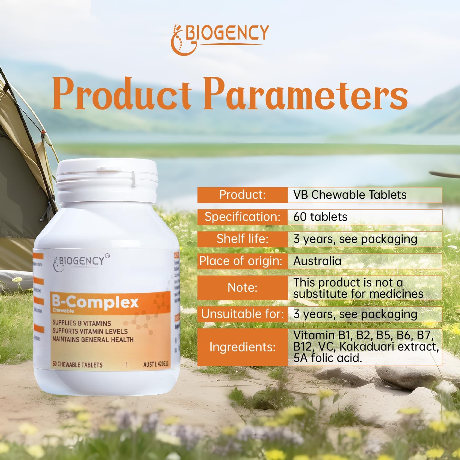 Biogency B-Complex Supplement with B12, B1, B2, B5, B6, B7, Folic Acid - Energy Support, Stress Relief, Immunity Boost - 60 Tablets