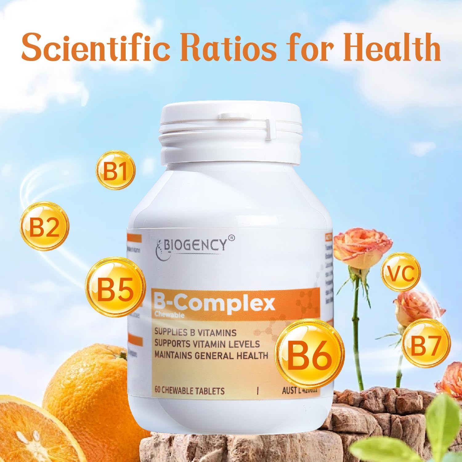 Biogency B-Complex Supplement with B12, B1, B2, B5, B6, B7, Folic Acid - Energy Support, Stress Relief, Immunity Boost - 60 Tablets