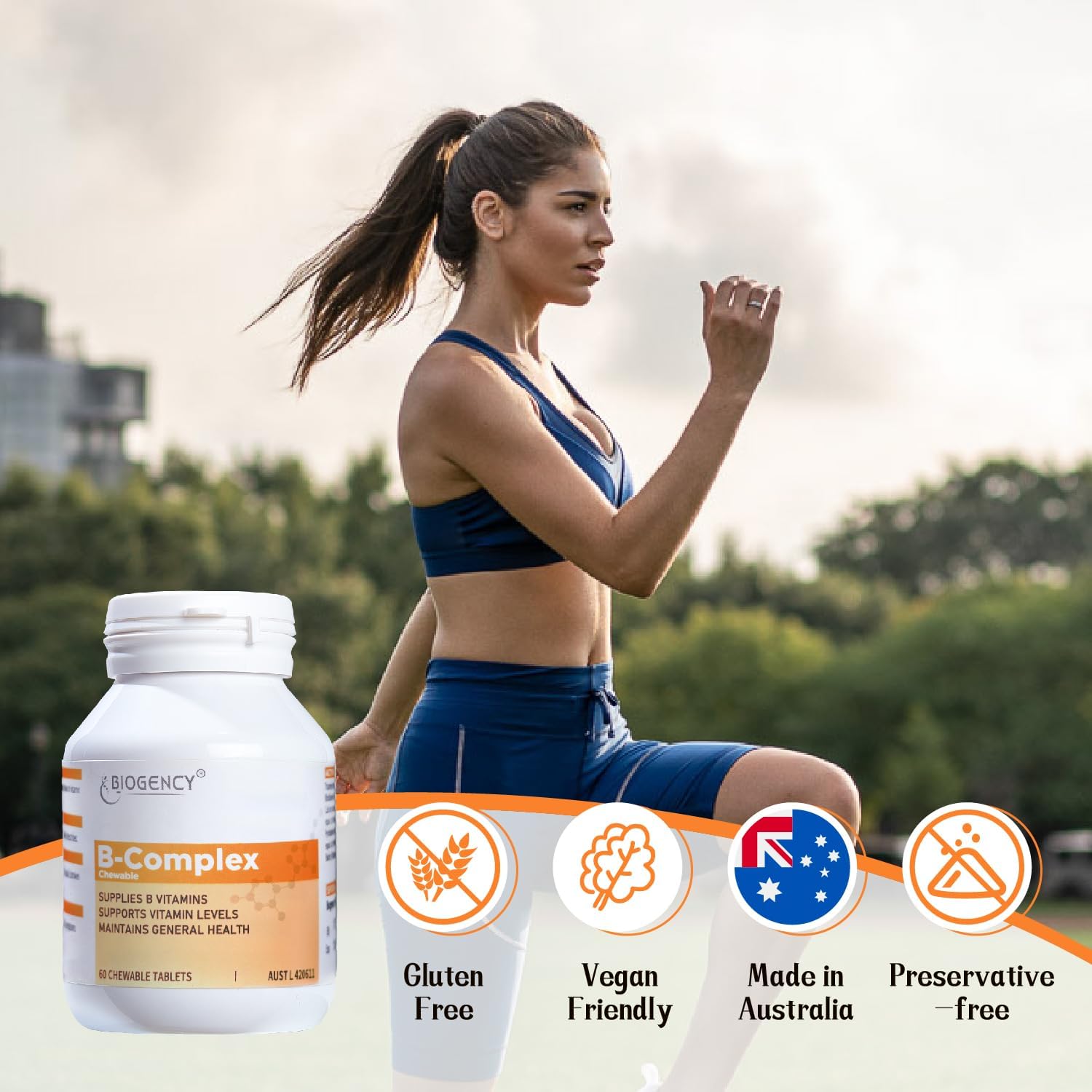 Biogency B-Complex Supplement with B12, B1, B2, B5, B6, B7, Folic Acid - Energy Support, Stress Relief, Immunity Boost - 60 Tablets