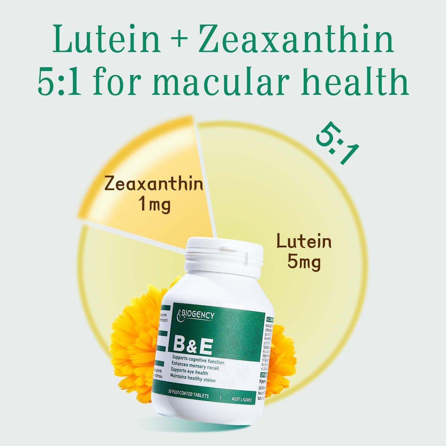Biogency B&E Zeaxanthin + Lutein Eye Care Vitamin Supplement - 30 Tablets - Natural Ingredients, Gluten-Free, Vegan-Friendly - Supports Eye Health for Adults and Children