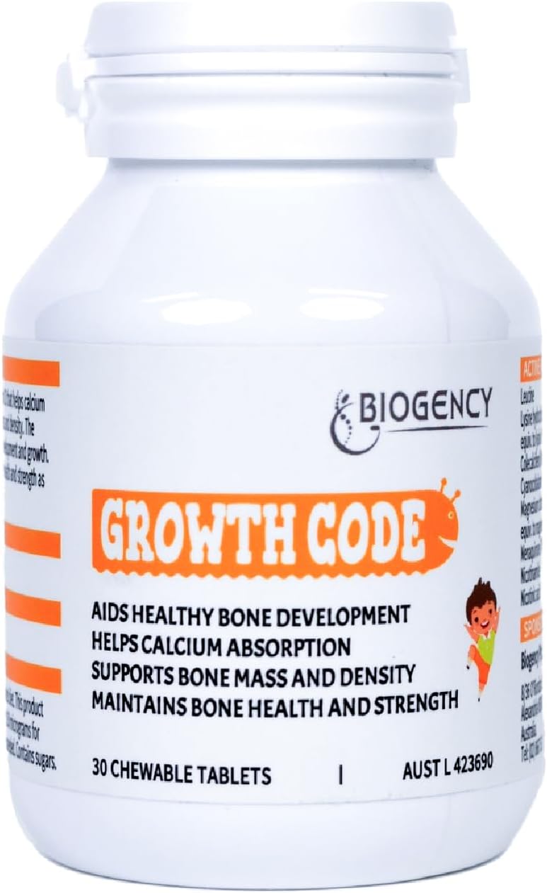Biogency Growth Code Natural Supplement for Kids & Teens - Vitamins D3, K2, Niacinamide - Bone Strengthening - Made in Australia, 30 Tablets