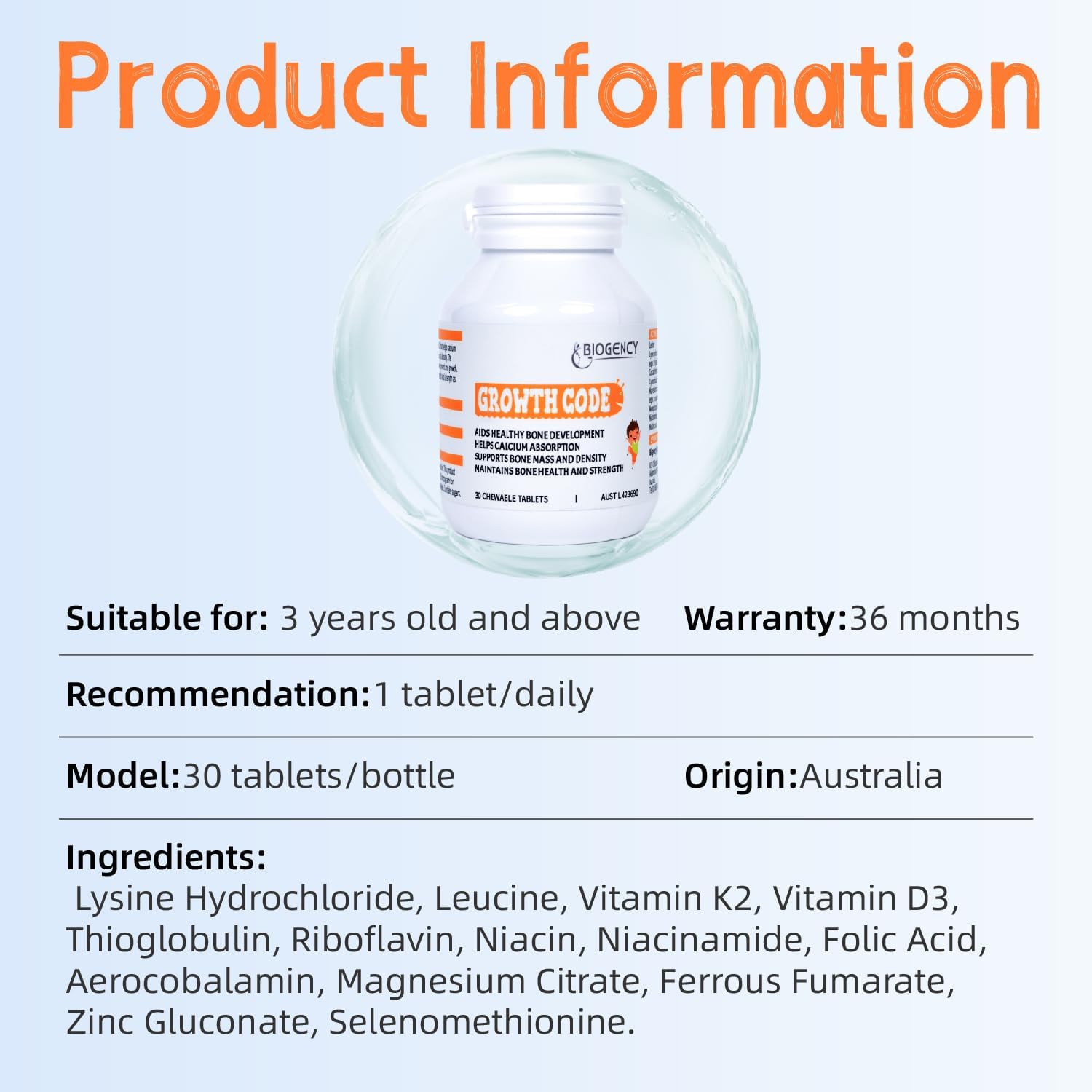 Biogency Growth Code Natural Supplement for Kids & Teens - Vitamins D3, K2, Niacinamide - Bone Strengthening - Made in Australia, 30 Tablets