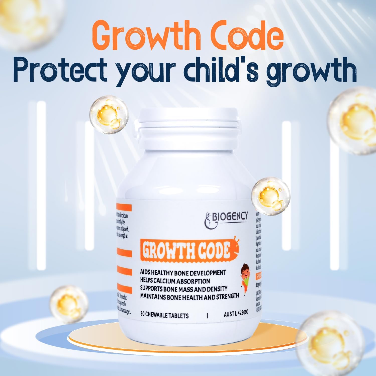 Biogency Growth Code Natural Supplement for Kids & Teens - Vitamins D3, K2, Niacinamide - Bone Strengthening - Made in Australia, 30 Tablets