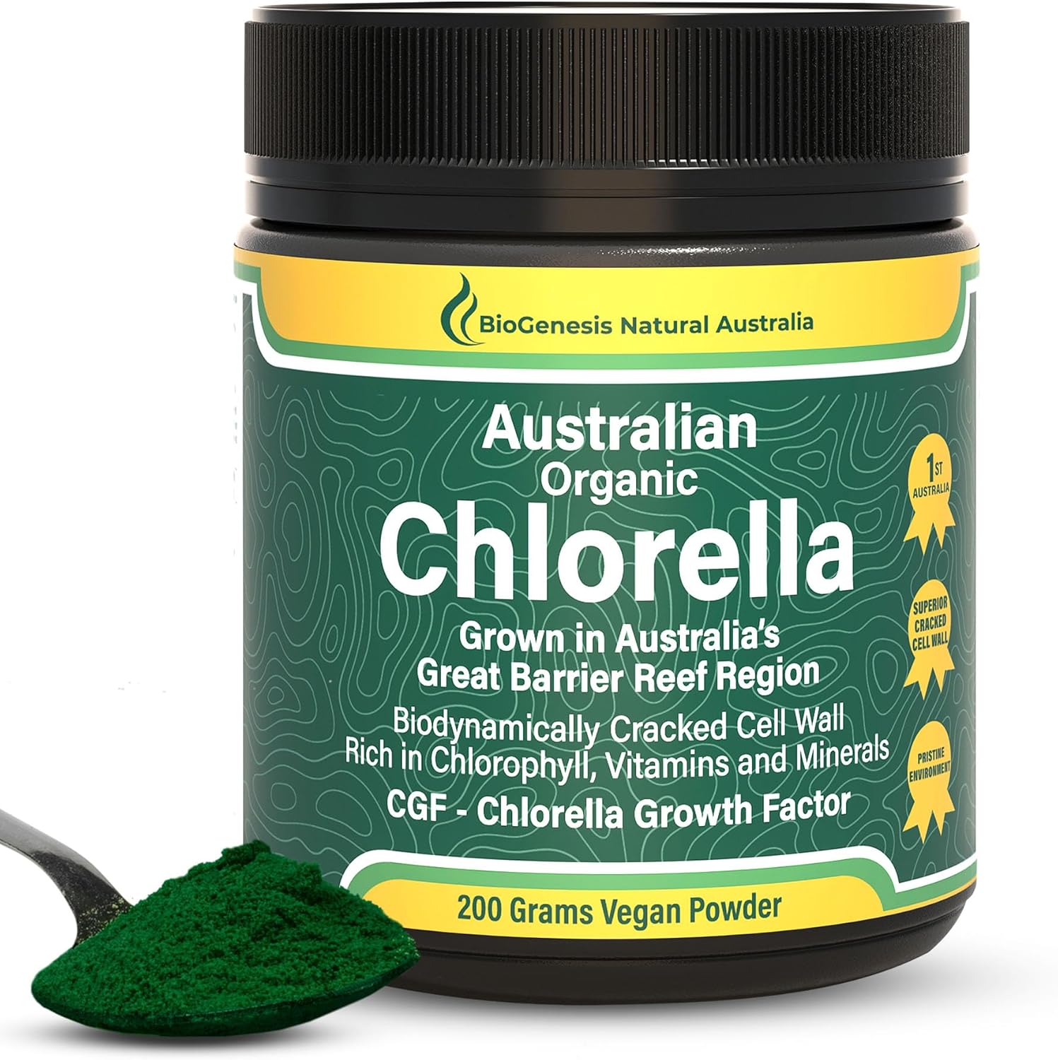 Biogenesis Organic Chlorella Powder from Australia - Advanced BioDynamic Cracked Cell Wall with Chlorophyll, Vitamins, Minerals, and CGF for Good Health and Wellbeing