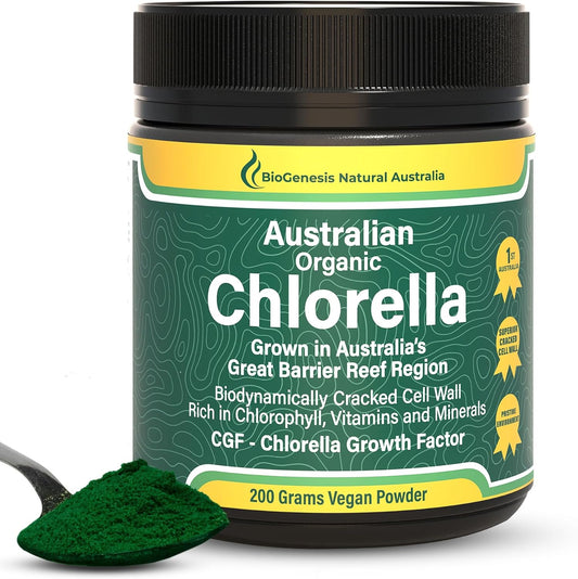 Biogenesis Organic Chlorella Powder from Australia - Advanced BioDynamic Cracked Cell Wall with Chlorophyll, Vitamins, Minerals, and CGF for Good Health and Wellbeing