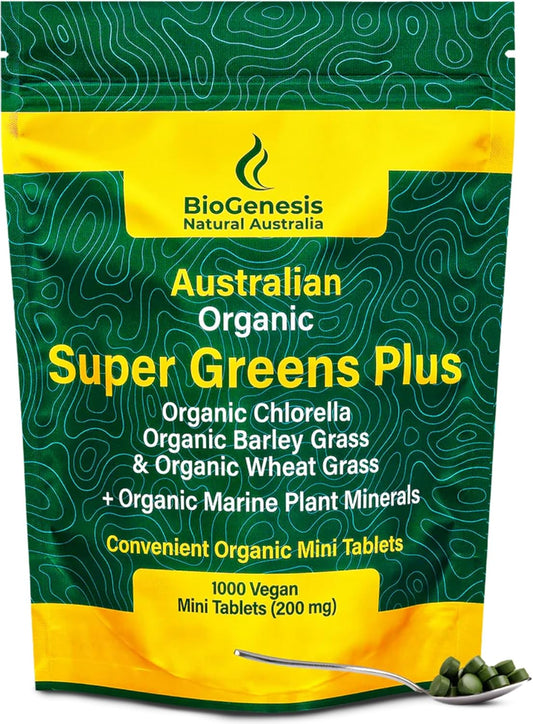 Biogenesis Organic SuperGreens Tablets with Chlorella, Barley Grass, Wheat Grass, Marine Plant Minerals - 1000 Count - Made in Australia