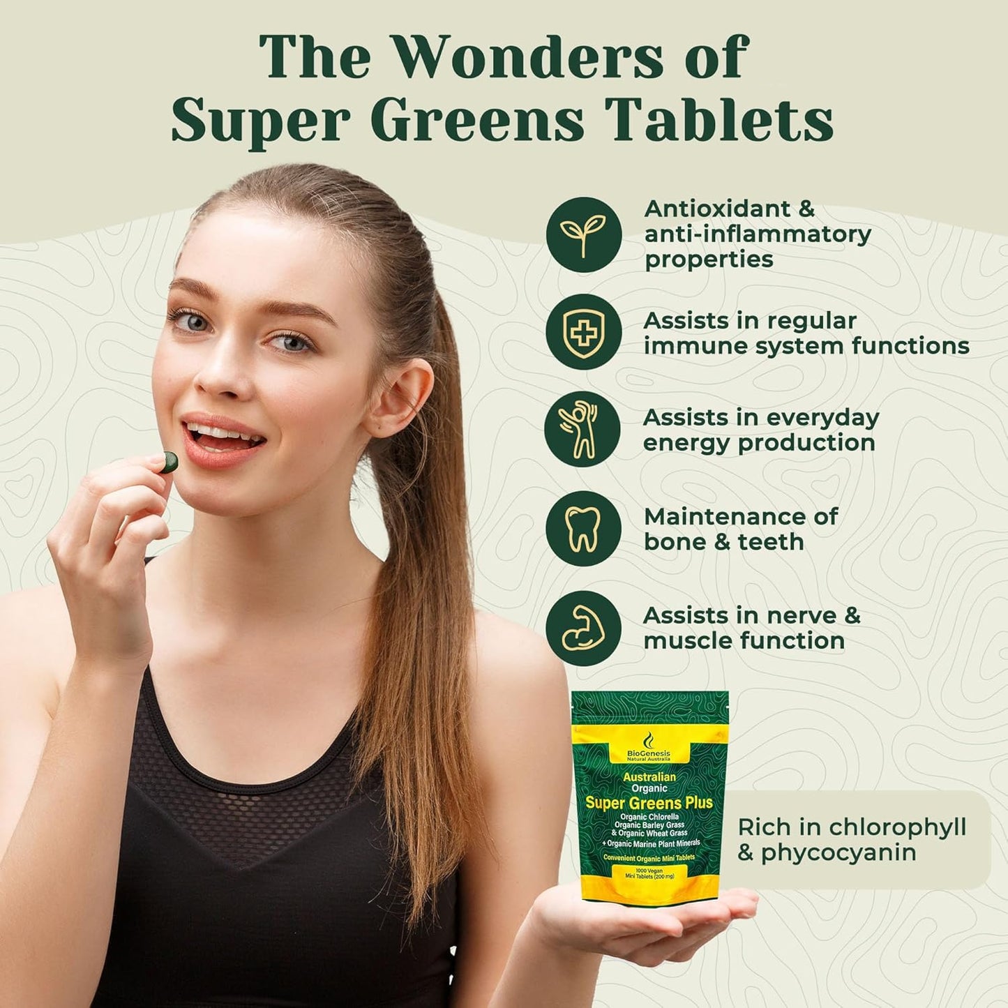 Biogenesis Organic SuperGreens Tablets with Chlorella, Barley Grass, Wheat Grass, Marine Plant Minerals - 1000 Count - Made in Australia