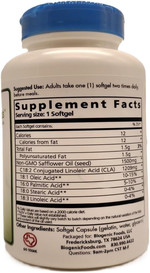 Biogenic Foods CLA Oil Supplement - 1,200mg Free Fatty Acid from Natural Sources - 1,500mg - 60 Capsules
