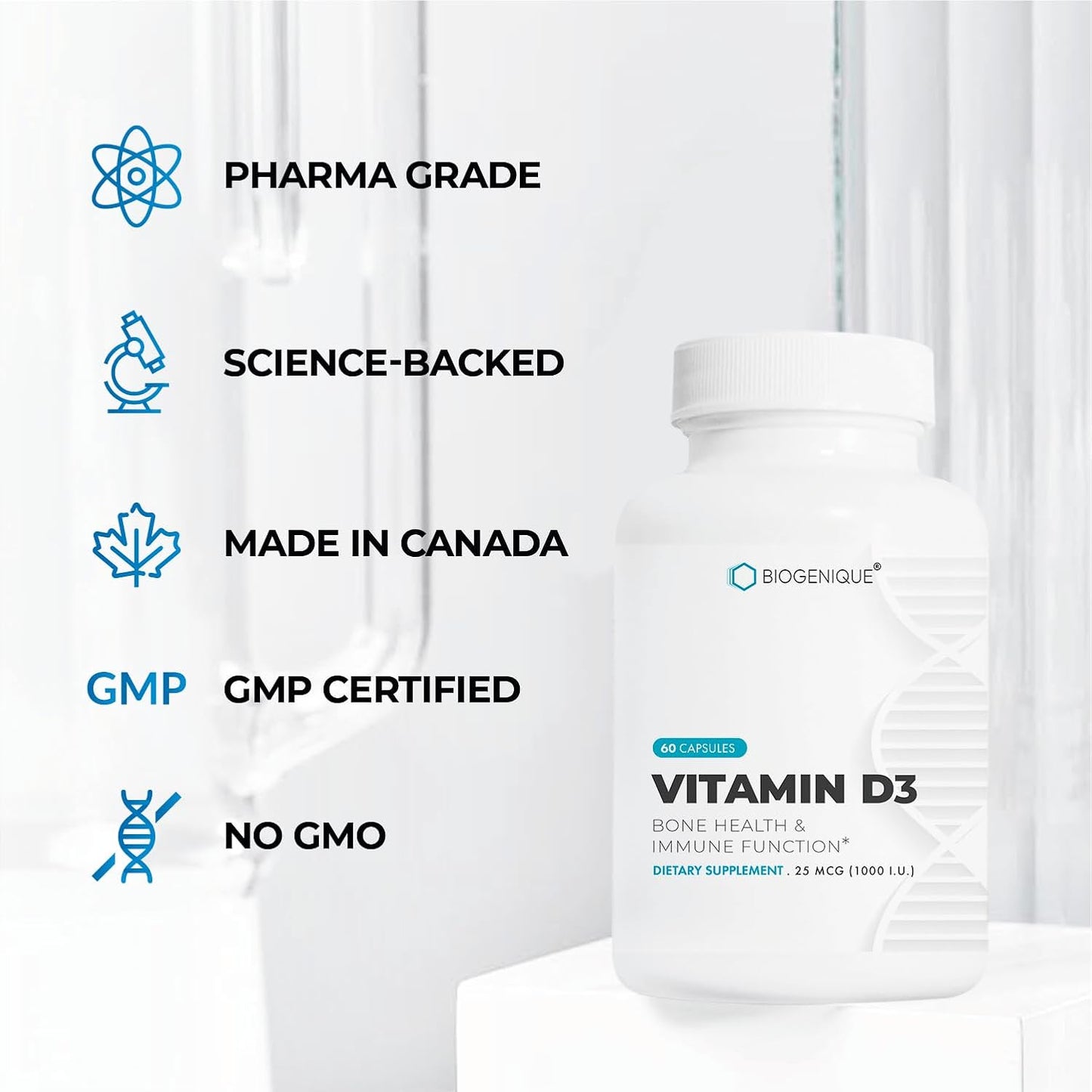 Biogenique Naturals Vitamin D3 1000 IU Capsules for Bone Health, 60 Count - Non-GMO, Gluten & Dairy Free, Supports Overall Health & Prevents Deficiency