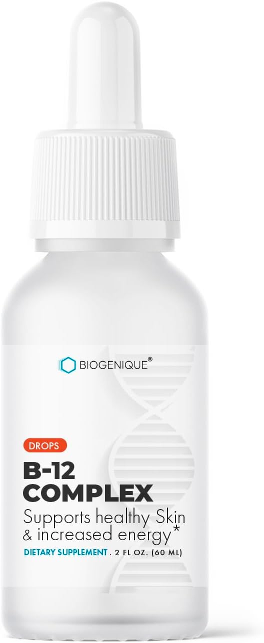 Biogenique Vitamin B12 Liquid Drops with Methyl B12 & B Complex - Energy & Mood Support - Immune System Aid - 2FL oz. 60ml Sublingual Supplement - Natural Raspberry Flavor - USA Made - Vegan & Non-GMO