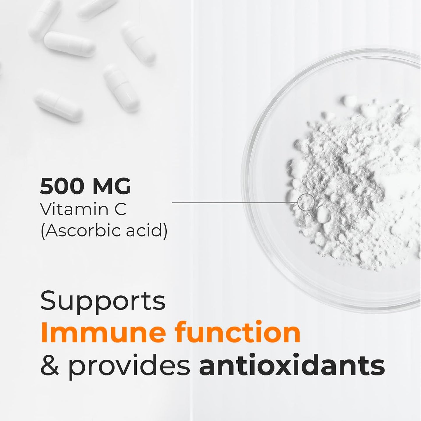 Biogenique Vitamin C 500mg Capsules - Natural Ascorbic Acid Immune Support Supplement for Adults - Vegan & Non-GMO