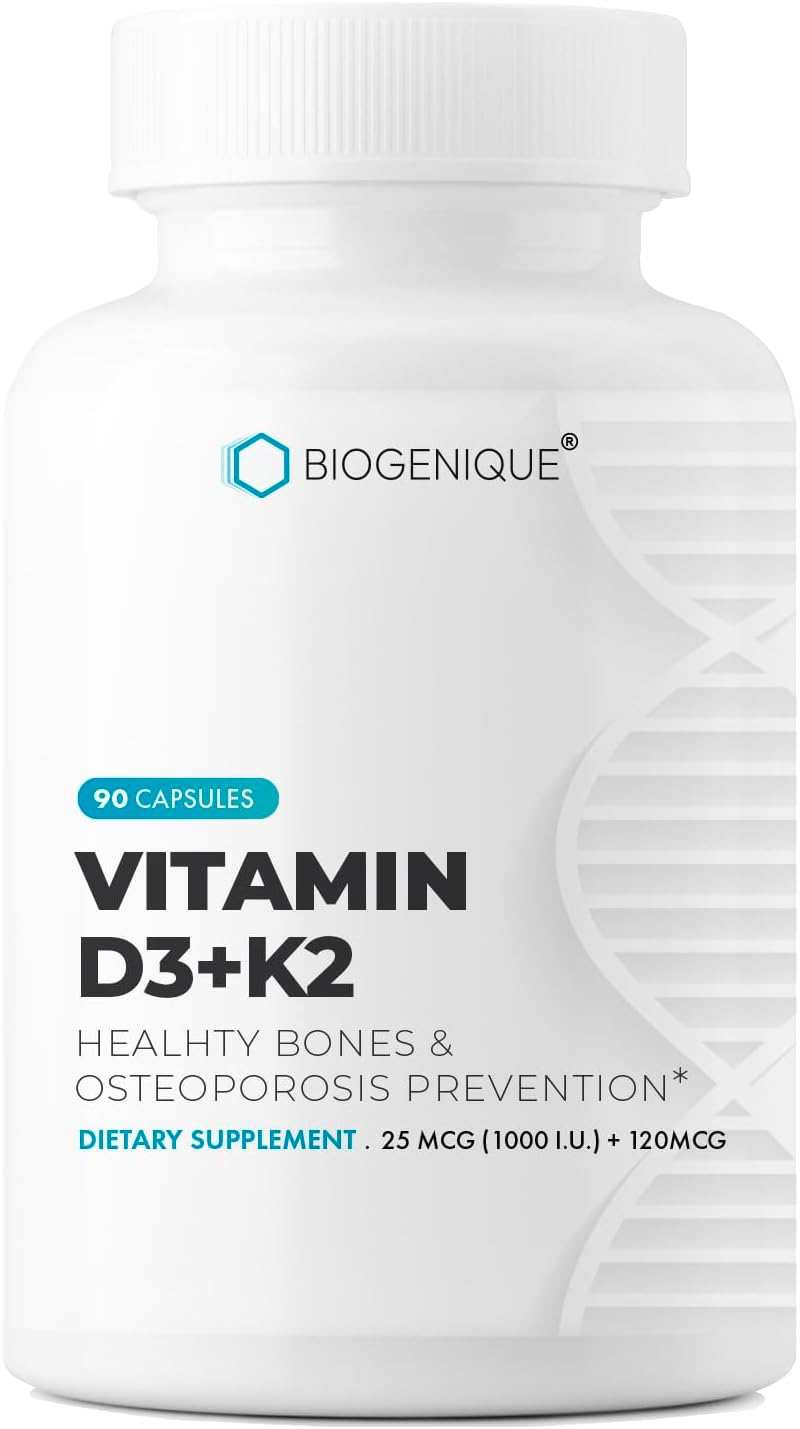 Biogenique Vitamin D3+K2 Capsules for Heart, Bone, and Teeth Health - 90 Non-GMO Nature Made Capsules - 25mcg D3 + 120mcg K2 MK-7