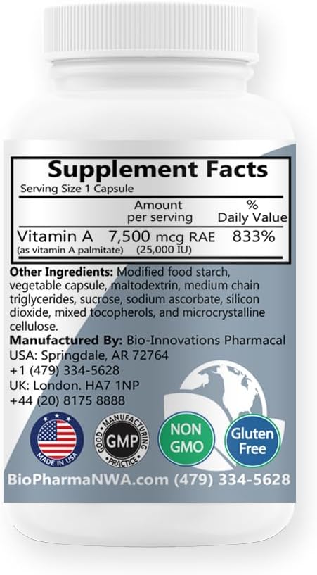 BioInnovations Pharmacal A-25,000 IU Palmitate Powder Capsules - Non-GMO Antioxidant for Skin, Bones, Vision & Immune System - 100 Count