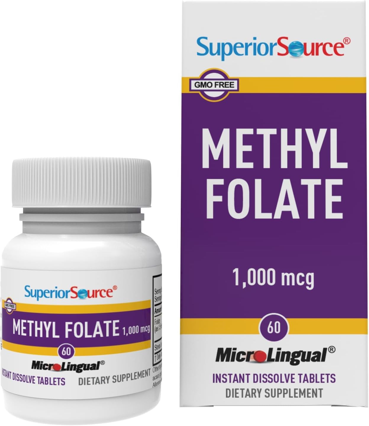 Biologically Active Methylfolate 5-MTHF 1000mcg Tablets, 60 Ct - Cardiovascular & Energy Support, Prenatal - Non-GMO, Quick Dissolve